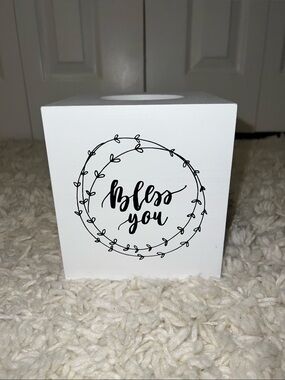 White Decorative Tissue Box Cover - "Bless You"